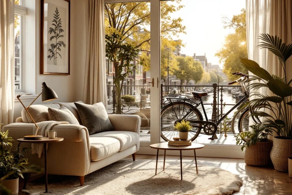 Een sfeervol ingerichte kamer in een traditioneel Amsterdams grachtenpand met uitzicht op de grachten en een comfortabele, stijlvolle inrichting. Een sfeervolle kamer in een traditioneel Amsterdams grachtenpand met modern-klassieke inrichting en uitzicht op de grachten.
