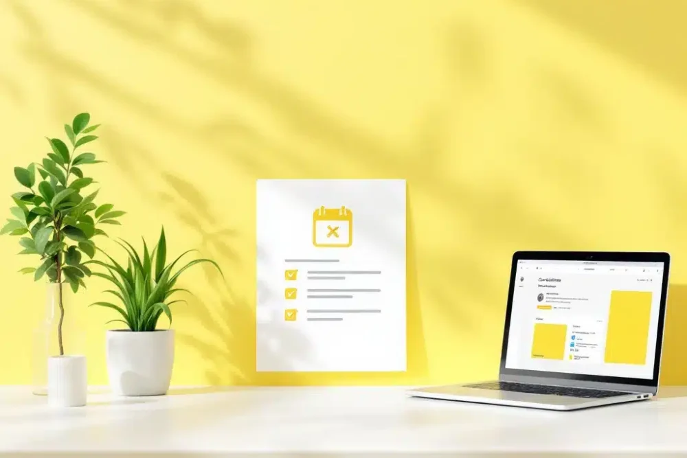 Document met annuleringskalender en X-markering op bureau naast laptop met boekingsinterface en plant