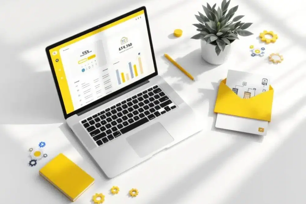 Laptop met boekingsinterface en kalender iconen op wit bureau, gele accenten, documenten met hotel symbolen en plantje