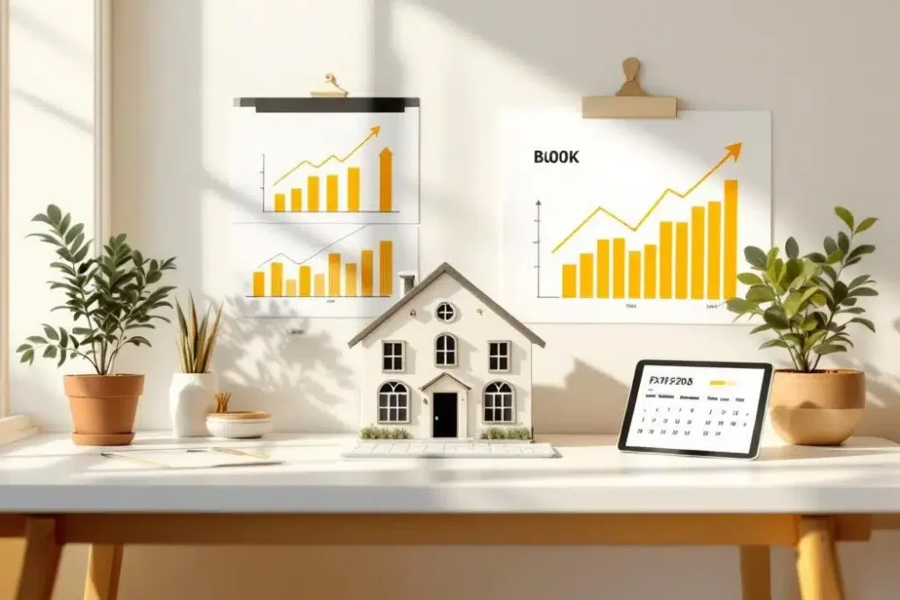 Bed and breakfast pictogram op bureau met stijgende boekingsgrafieken, tablet met reserveringskalender en plantje