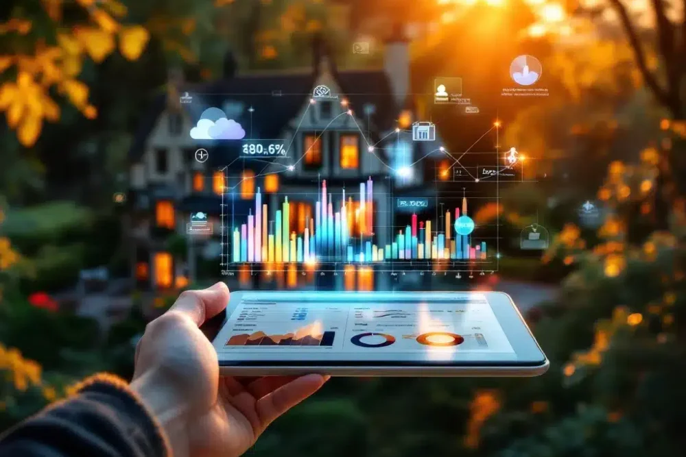 bed-breakfast-boekingssysteem-analytics-dashboard.jpg Luchtfoto van elegant bed & breakfast in Nederlandse stijl bij zonsondergang met tablet met boekingsanalytics