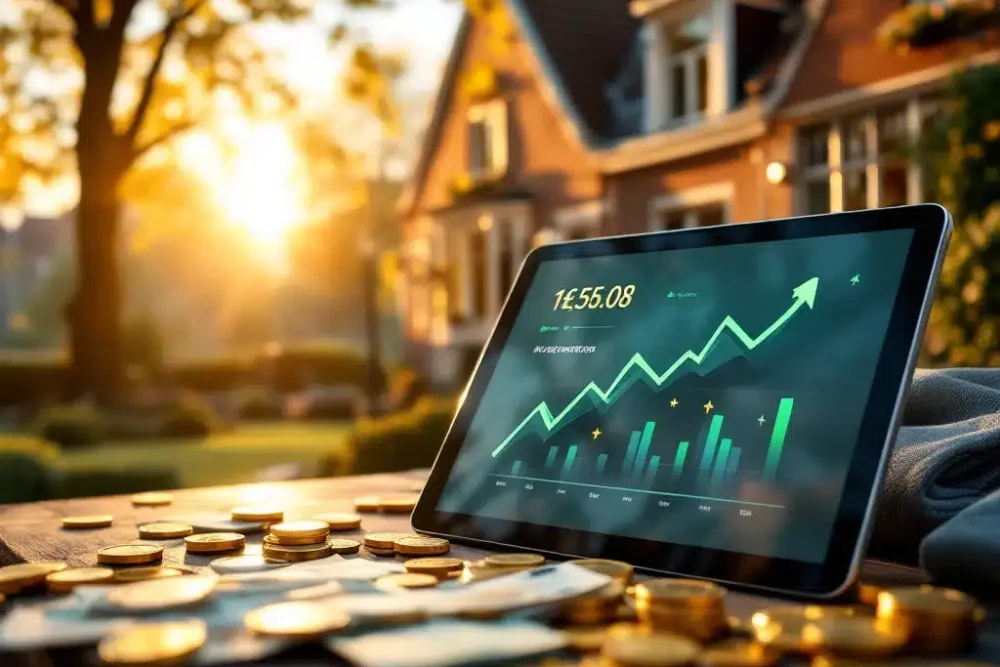 Tablet met stijgende inkomstengrafiek voor bed & breakfast met eurobiljetten en munten op voorgrond