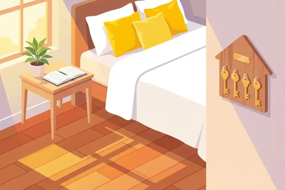 Gezellige bed and breakfast slaapkamer met wit beddengoed, gele kussens, houten nachtkastje en sleutelhouder aan muur