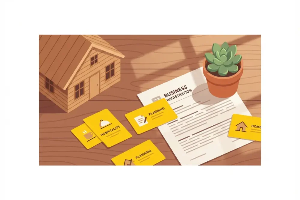 Houten bureau met decoratief huismodel, open bedrijfsregistratiedocument, vetplant en gele kaarten in natuurlijk licht