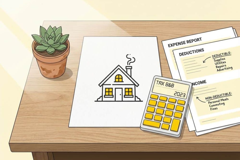 Belastingconsultatie bureau met B&B huis icoon, calculator, belastingdocumenten en plant op houten bureau