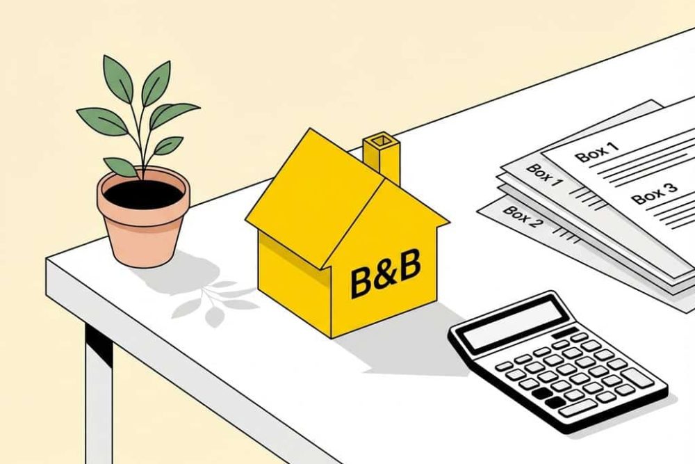 Geel B&B huisje icoon op bureau naast belastingdocumenten met Vak 1 en Vak 3 labels en rekenmachine