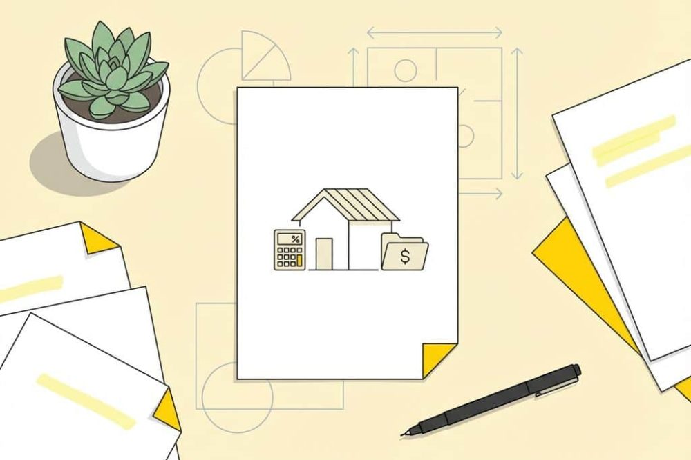 Belastingdocument met huisicoon op bureau met rekenmachine, gele markeerstift en plantje voor financiële planning