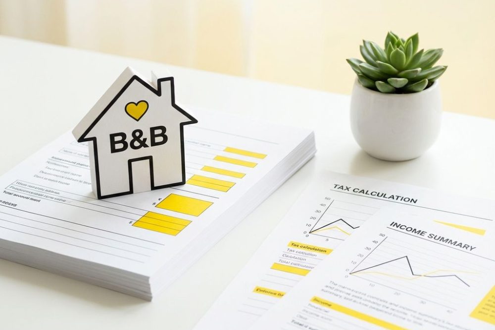 B&B huis icoon met belastingdocumenten en gele markeringen op wit bureau, plantje ernaast, professionele zakelijke opstelling