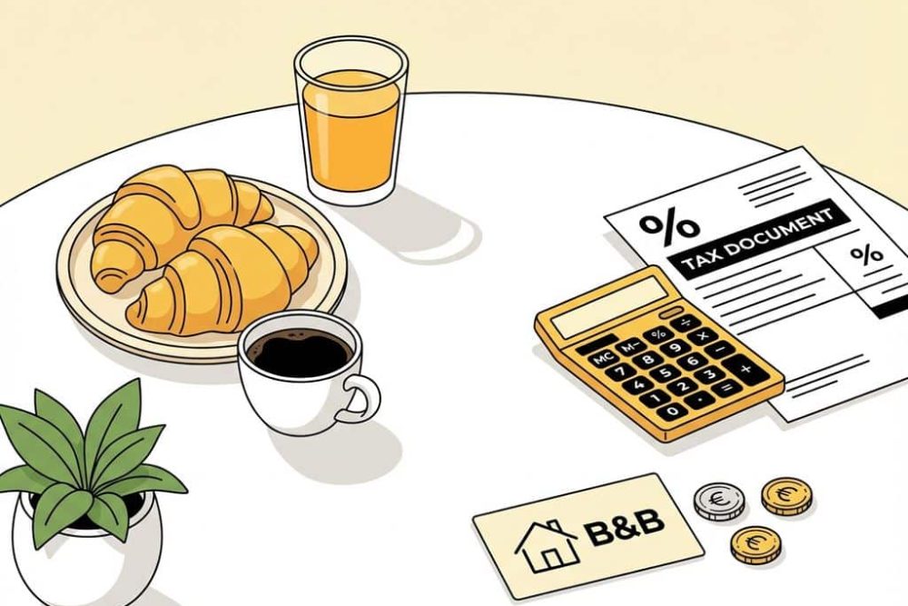 Ontbijttafel met croissants en koffie naast gele rekenmachine, belastingdocument en B&B-pictogram met euromunten