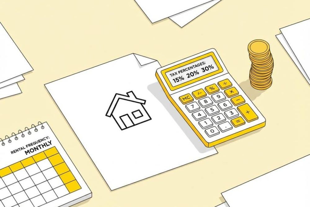 Belastingcalculator met huisicoon en gouden munten op bureau voor huurinkomsten berekening