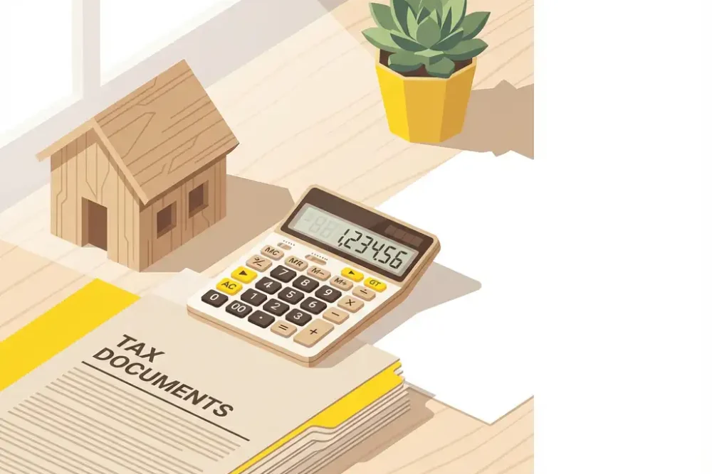Houten bureau met miniatuur huis, calculator en belastingdocumenten voor hypotheek- en financiële planning
