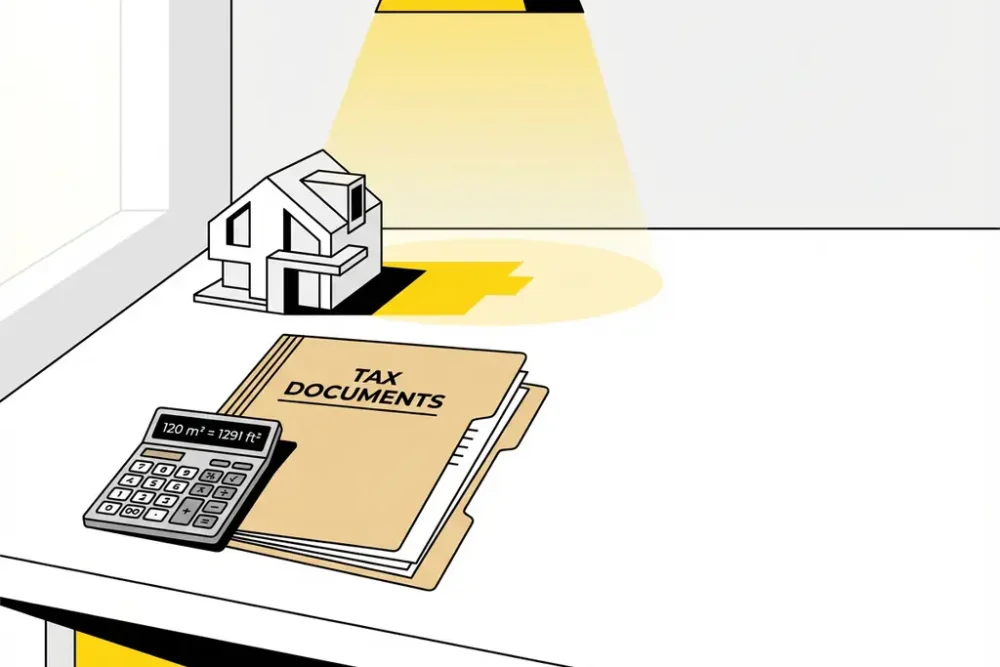 Miniature huismodel naast open belastingdocumenten en rekenmachine op moderne witte bureau met gele verlichting