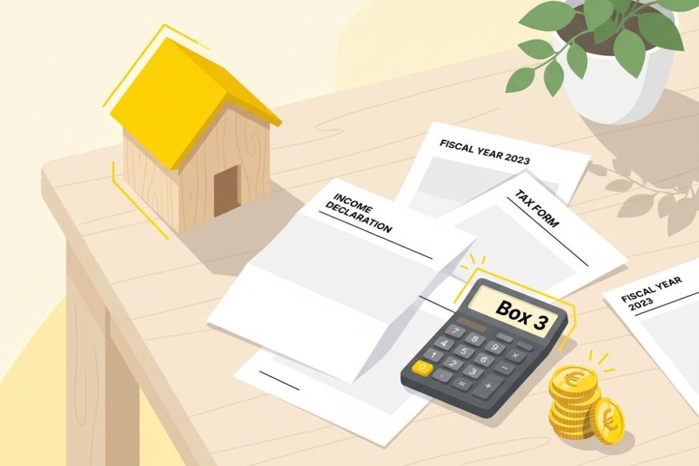 Klein huismodel op bureau met belastingdocumenten, calculator met "Box 3" en euromunten voor woningbelasting berekening