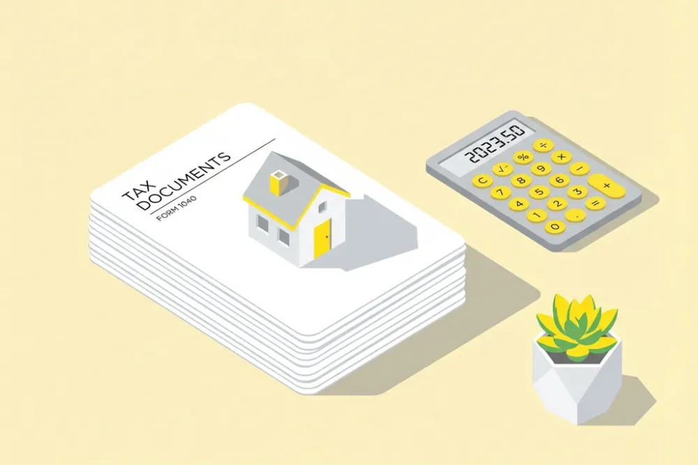 Miniatuurhuis op stapel belastingdocumenten naast rekenmachine op modern bureau met gele accenten