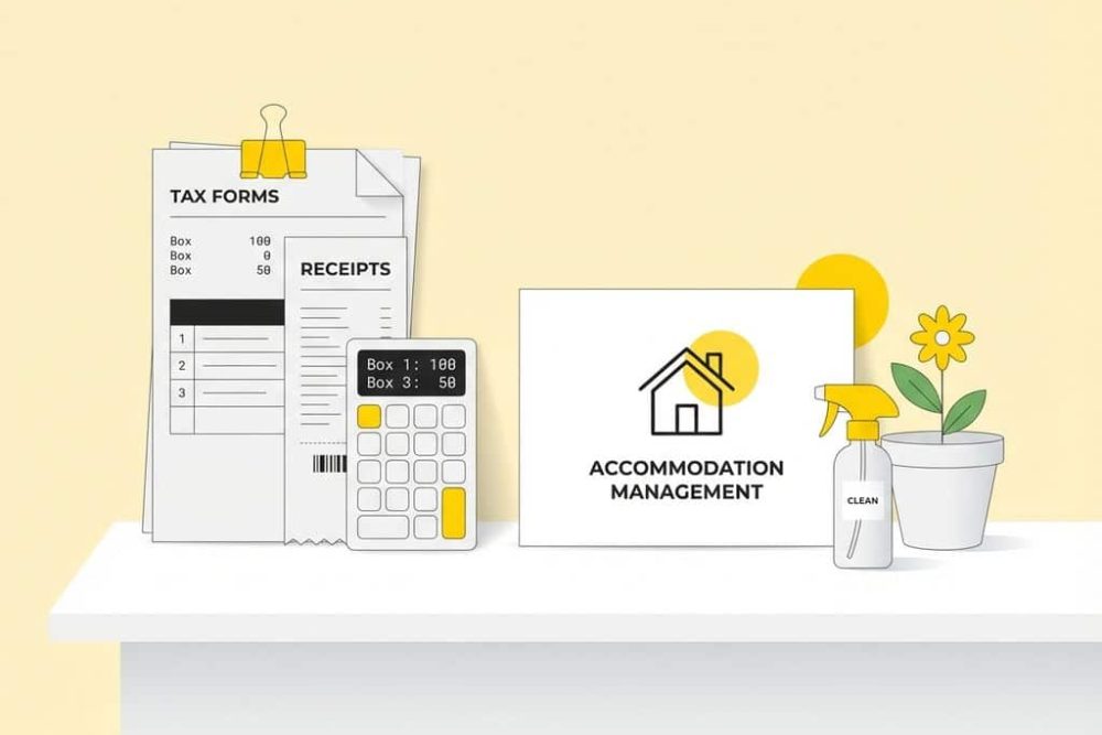 Moderne bureau met belastingdocumenten, rekenmachine, huisicoon en schoonmaakspullen in geel-wit kleurenschema