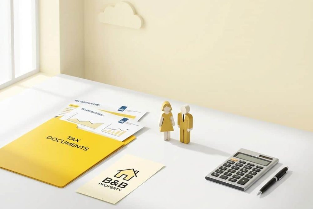 Gele map met belastingdocumenten, huisje-icoon en figuren op wit bureau voor Nederlandse fiscale partnerschappen