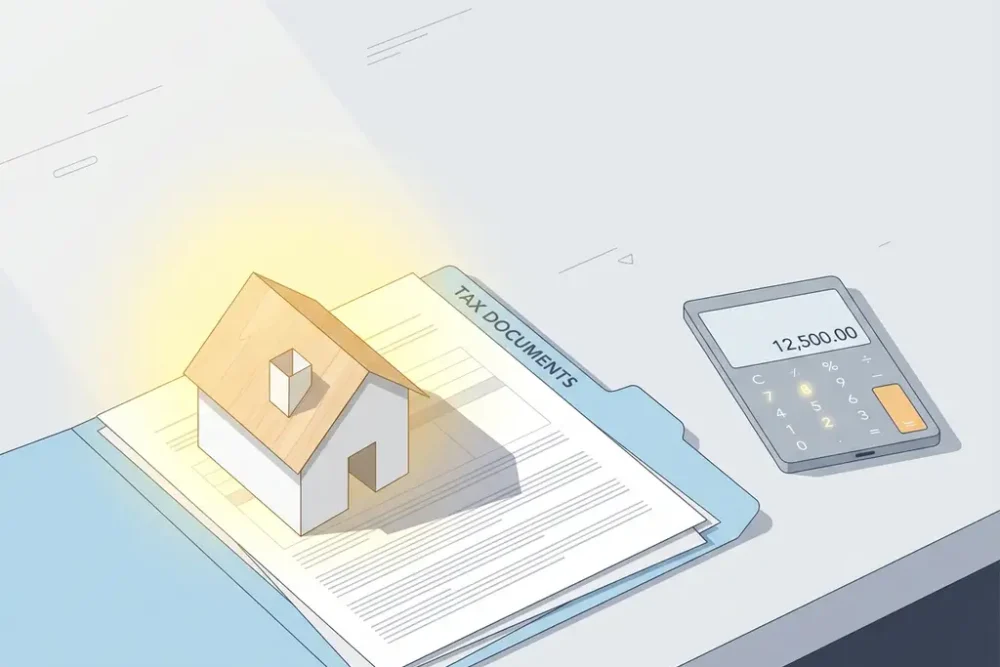 Miniatuur huismodel op open belastingdocumenten naast rekenmachine op moderne witte bureau voor financiële planning