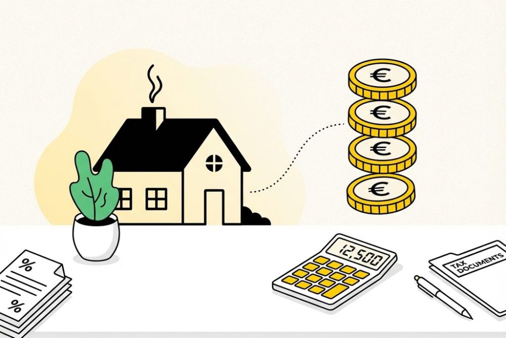 Minimalistische illustratie van huis en euromunten met rekenmachine en documenten voor belasting en huurinkomsten