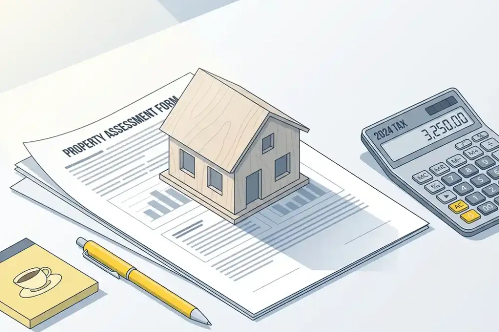 Architectuurmodel van huis op juridisch document naast rekenmachine, tax planning en vastgoedwaardering concept