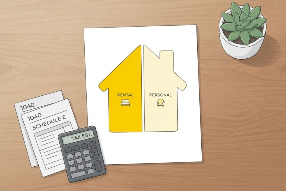 Gesplitst huissilhouet op papier toont gele verhuurgedeelte en lichtgele privégedeelte, met calculator en belastingdocument