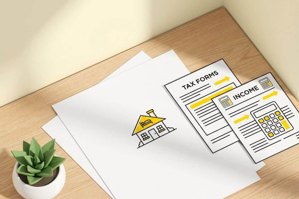 Bed & breakfast pictogram met belastingdocumenten en rekenmachine op bureau voor professionele belastingvoorbereiding