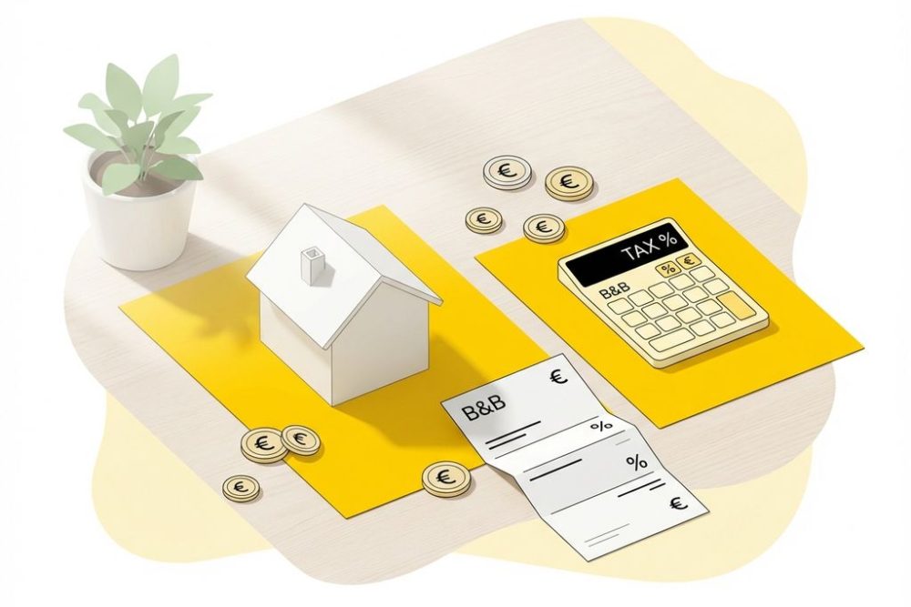 Huismodel en rekenmachine op gele kaarten met euromunten en belastingdocument voor vastgoedinvestering