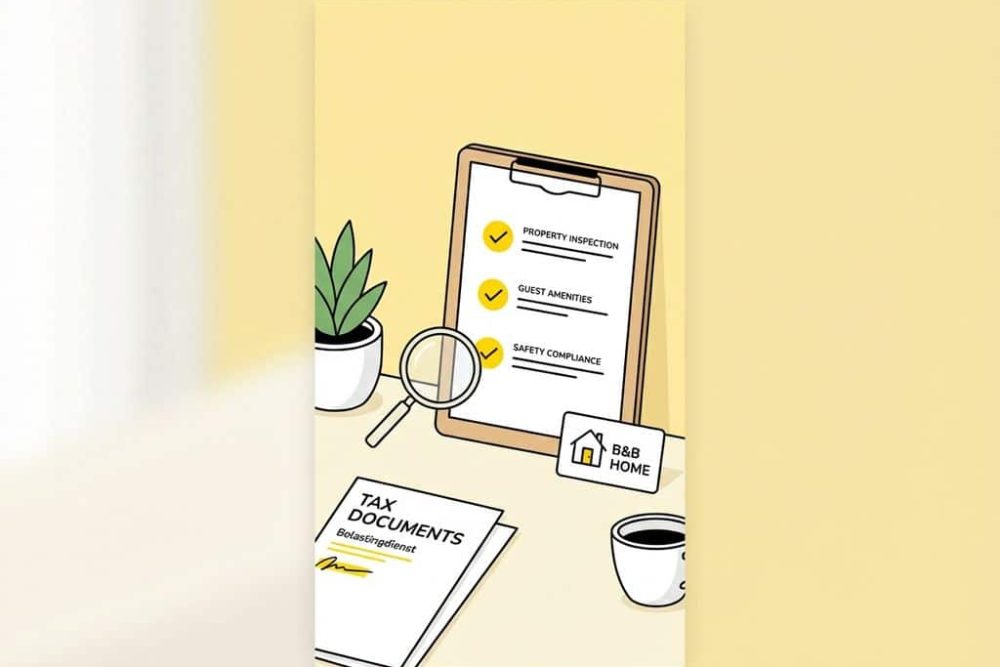Klembord met checklist en huisje icoon op bureau, vergrootglas over belastingdocumenten, gele accenten op lichte achtergrond