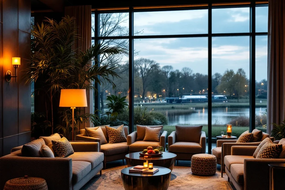 Elegante hotel lobby in Nederland met warme verlichting, luxe zitplaatsen, grote ramen, moderne technologie en groene accenten. Elegante hotel lobby in Nederland met luxe zitplaatsen, moderne technologie en uitzicht op landschap, symboliseert duurzaamheid.