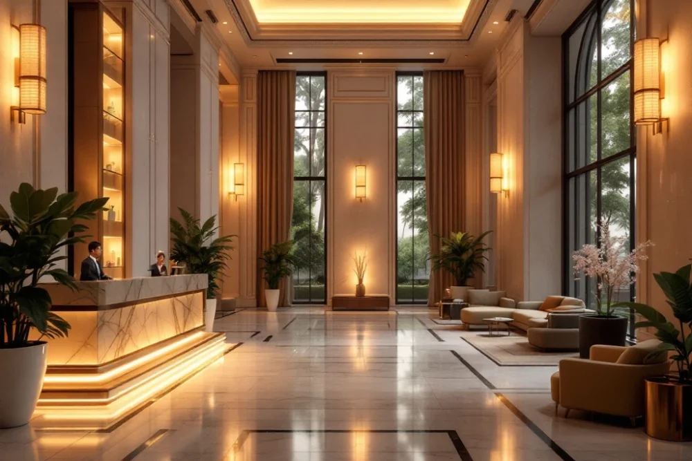 Sfeervolle hotellobby met luxe inrichting, warme verlichting en marmeren balie, symboliserend gastvrijheid en eco-vriendelijkheid. Een luxe hotel lobby met warme verlichting, marmeren balie, modern meubilair en zicht op groen, symboliseert uitmuntende service.