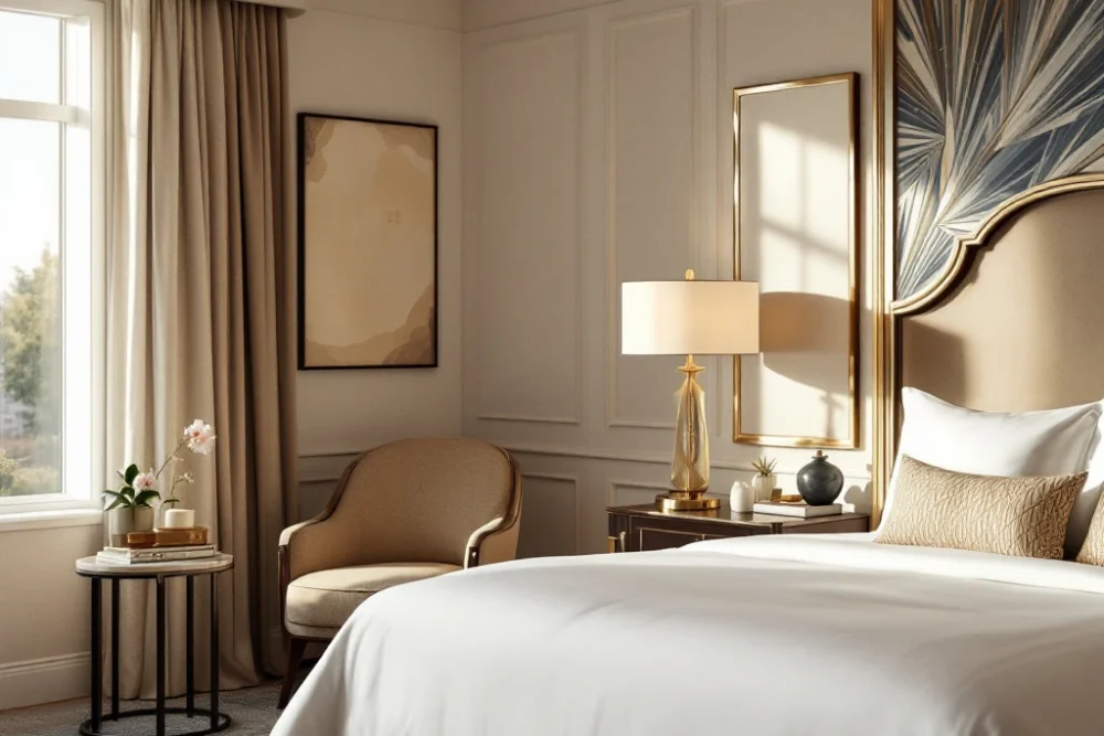 Luxe hotelkamer met een kingsize bed, moderne stoel bij raam, sfeervolle verlichting en kunst. Aardetinten met goud en marineblauw. Luxe hotelkamer met een kingsize bed, moderne fauteuil, groot raam, kunstwerken en een warme, elegante sfeer in aardetinten.