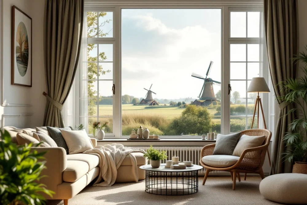 Een sfeervol, modern ingericht Airbnb in Nederland met zicht op een groene omgeving en windmolens, straalt comfort en luxe uit. Een sfeervol, modern ingericht Airbnb-interieur met uitzicht op het Nederlandse landschap met windmolens, in zachte aardetinten.