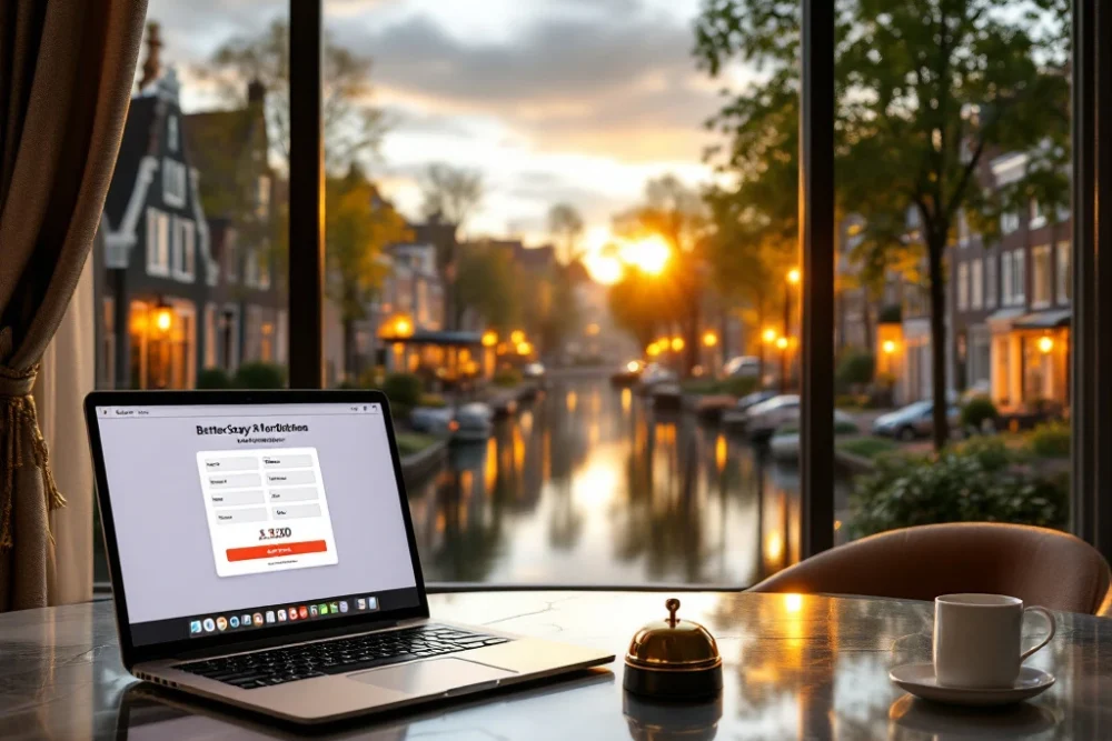 Een fotorealistische scène van een modern Airbnb-interieur met technologische accenten, naast een charmant Nederlands kanaal bij zonsondergang. Een sfeervol Airbnb-risico beeld met een moderne flat en traditioneel Nederlands kanaal, met technologie en luxe elementen van BetterStays.