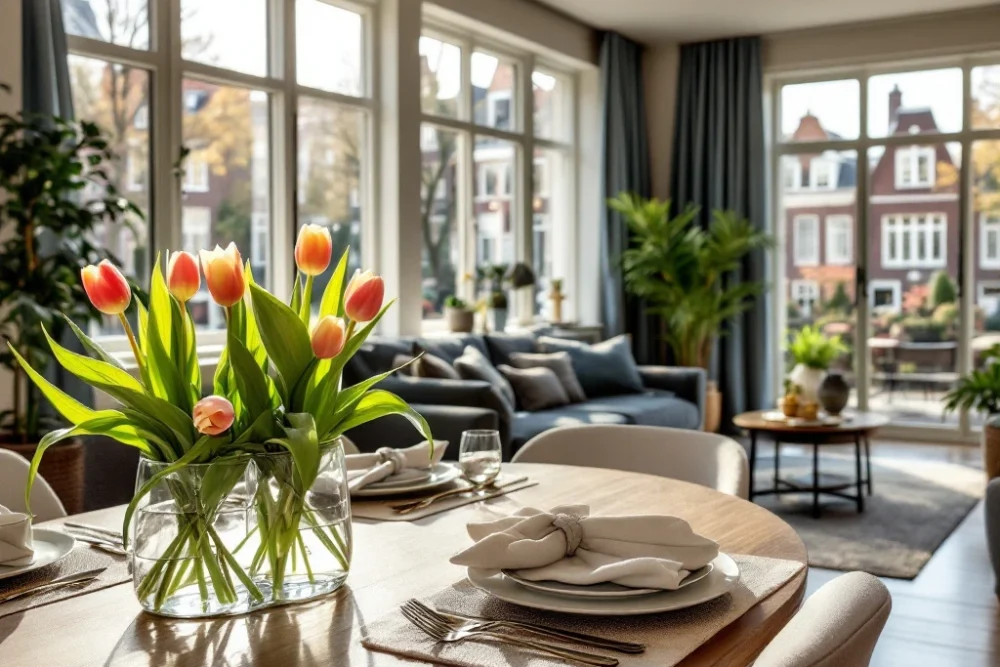 Een stijlvol ingerichte kamer met een gedekte tafel en tulpen, uitzicht op een Amsterdams kanaal, straalt luxe en comfort uit. Een sfeervol Nederlands interieur met een elegant gedekte tafel, tulpen, modern meubilair en uitzicht op een Amsterdams kanaal.
