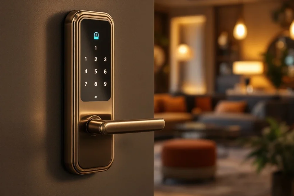 Moderne sleutelloze toegang in een luxe hotel lobby met sfeerverlichting, omgeven door warme tinten en elegant interieur van BetterStays. Een modern, metallic touchpad voor sleutelloze toegang in een luxe hotel lobby met warme aarde- en goudtinten, straalt comfort en innovatie uit.