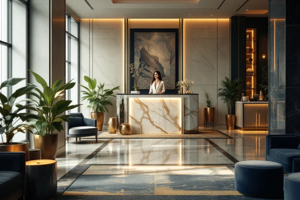 Luxe hotel lobby met moderne inrichting, warme kleuren, conciërge, marmeren balie, zitplekken, bloemen, kunst en planten. Luxe hotel lobby met moderne inrichting, warme kleuren, marmeren balie, stijlvolle conciërge, en eco-vriendelijke accenten.