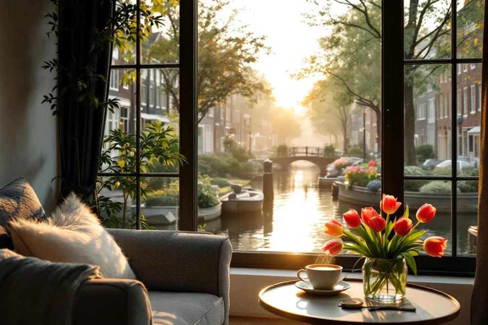 Een charmante Airbnb in een schilderachtig Nederlands decor met moderne inrichting, koffie en tulpen, straalt rust en gastvrijheid uit. Charmant Airbnb in Nederlands decor met luxe interieur, ochtendlicht, tulpen en koffie op tafel, straalt gastvrijheid en rust uit.