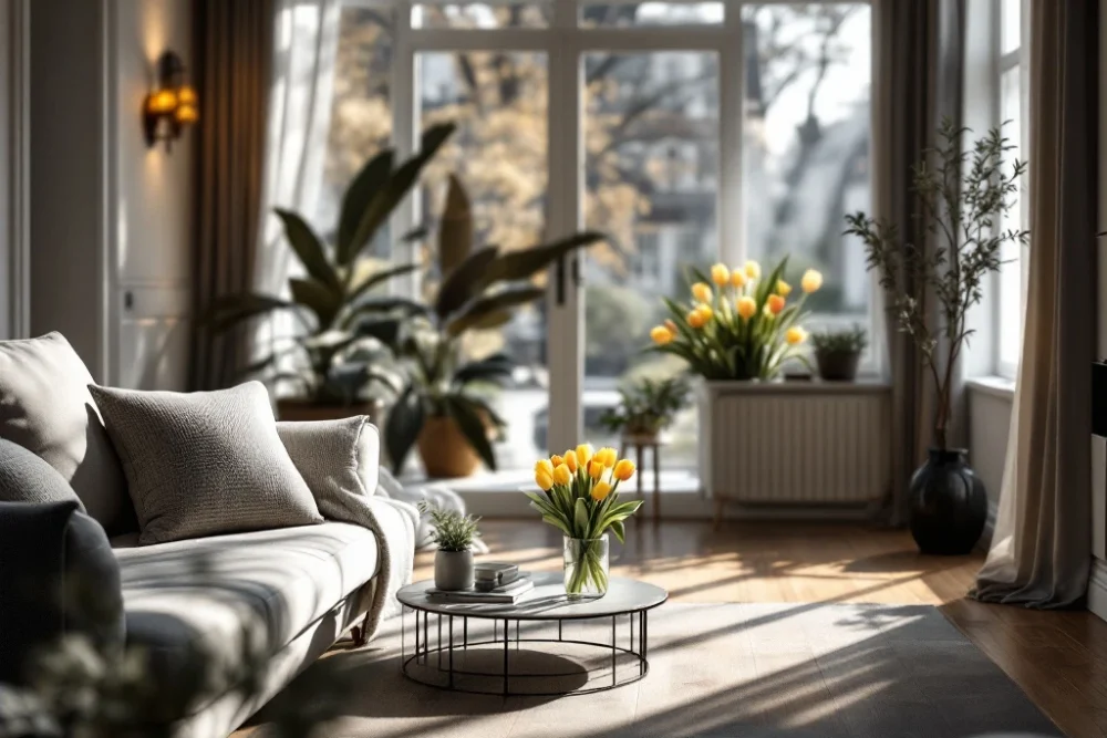 Luxe Nederlands appartement met houten vloer, moderne en traditionele elementen, tulpen en planten. Warm licht en serene sfeer. Luxueus Nederlands appartement met houten vloer, moderne en traditionele elementen, zachte verlichting, tulpen en groene planten.