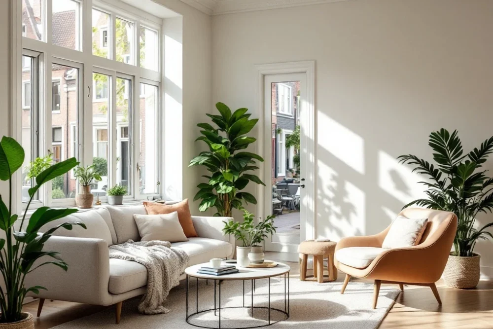 Een zonovergoten, moderne Nederlandse woonkamer met minimalistisch design, grote ramen en groene planten, straalt rust en luxe uit. Een moderne, lichte Nederlandse woonkamer met strak meubilair, grote ramen en groene planten. Buiten is een charmante straat zichtbaar.