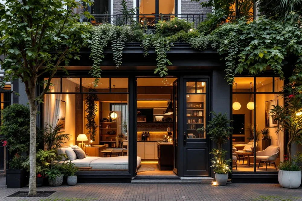 Charmant Nederlands Airbnb-appartement met moderne inrichting, grote ramen, balkon met groen, smart home functies en stadse achtergrond. Charmant Airbnb-appartement in Nederlandse stad, met moderne inrichting, klassieke gevel, groen balkon, en slimme technologie.