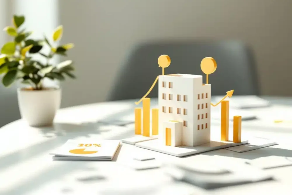 Geel accommodatiegebouw icoon op wit bureau met stijgende pijlen en percentages op documenten, plant links