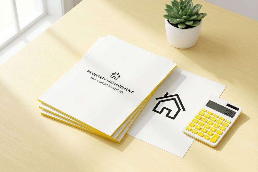 Schoon bureau met huisicoon op wit papier, rekenmachine en documenten voor B&B vastgoedbeheer en belastingen