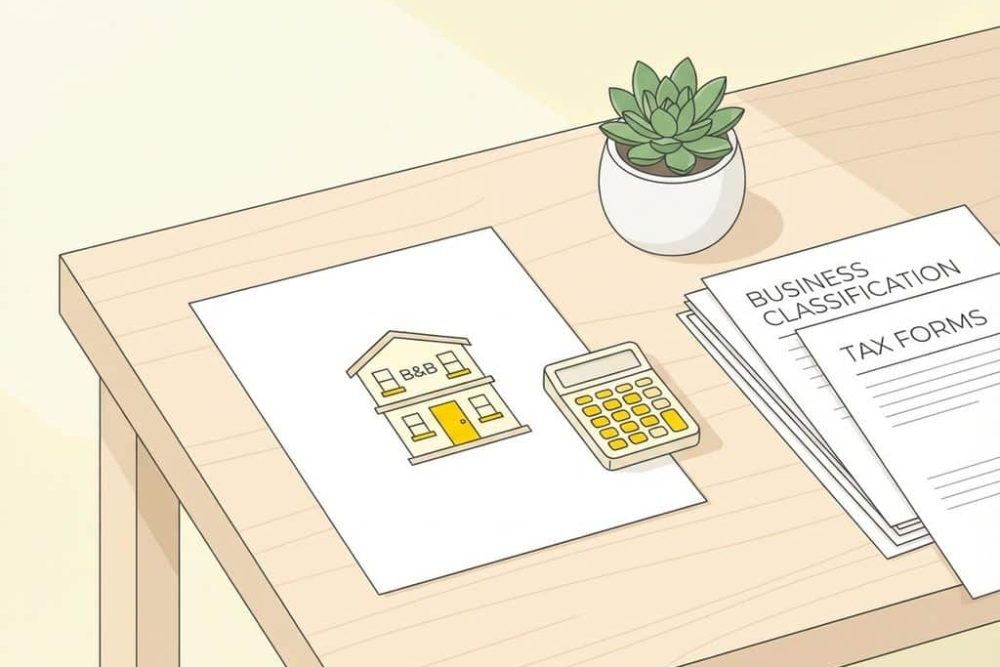Bed & breakfast huis icoon op bureau met belastingdocumenten, rekenmachine en plant in gele minimalistische stijl