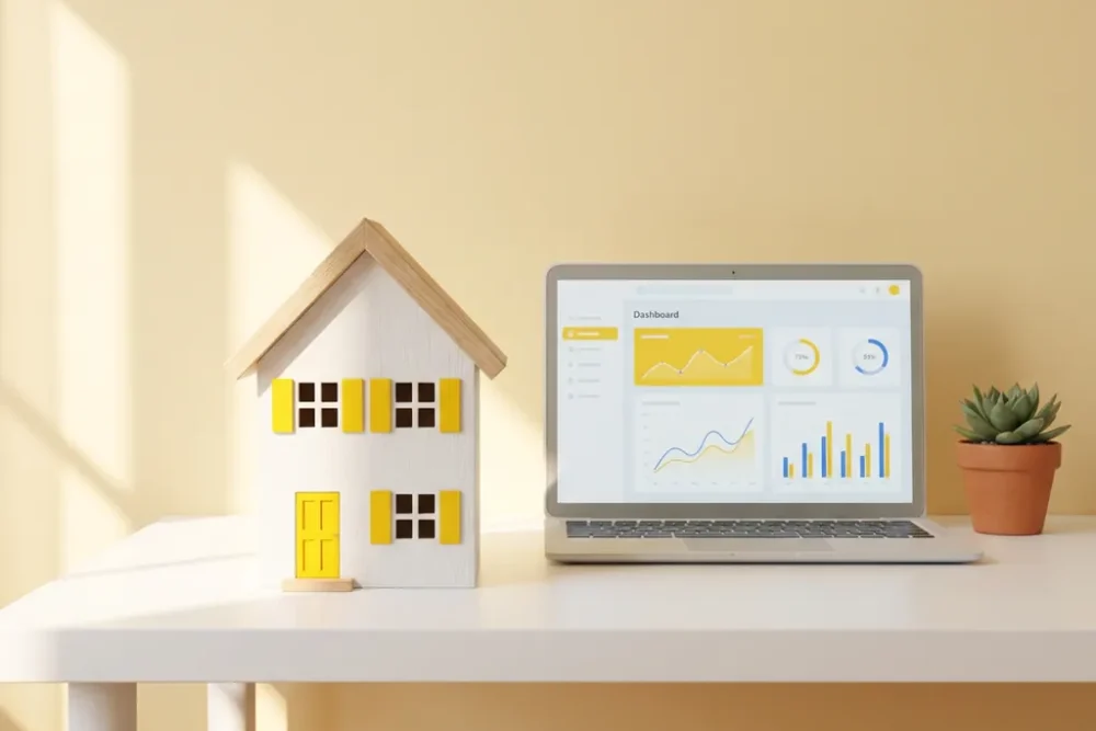 Miniatuur B&B huismodel op wit bureau naast laptop met dashboard, vetplant en geel accent in natuurlijk licht