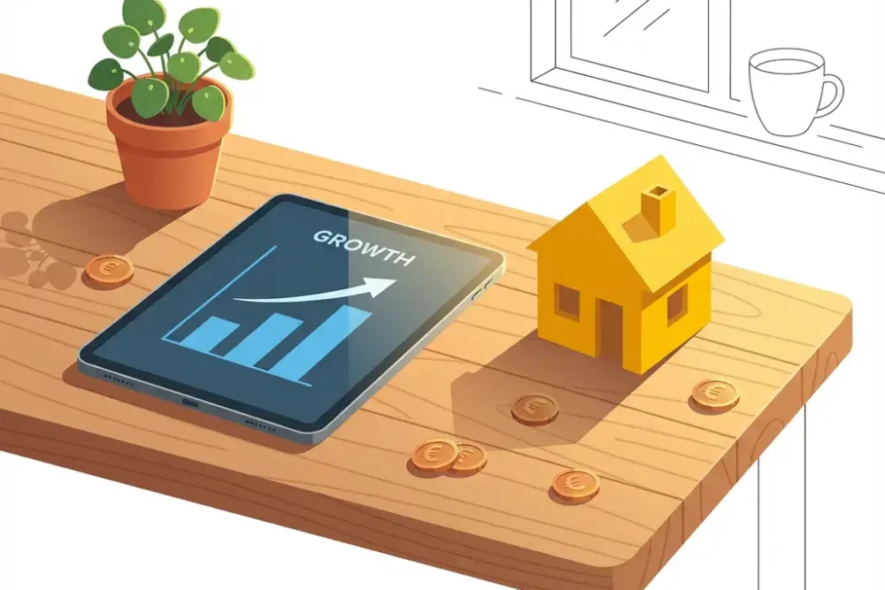 Geel huismodel naast tablet met stijgende grafiek op houten bureau met muntgeld en plant in warm licht