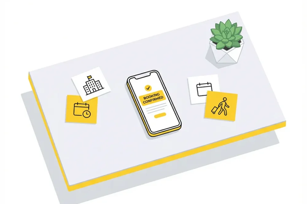 Smartphone met boekingsbevestiging op modern bureau omringd door reiskaartjes met hotel- en kalendericonen, succulentplant