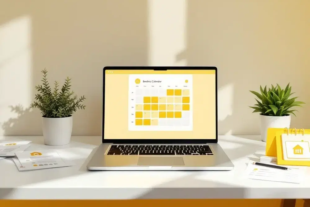 Laptop met boekingskalender op wit bureau naast plant en documenten met huis- en kalendericons, gele accenten