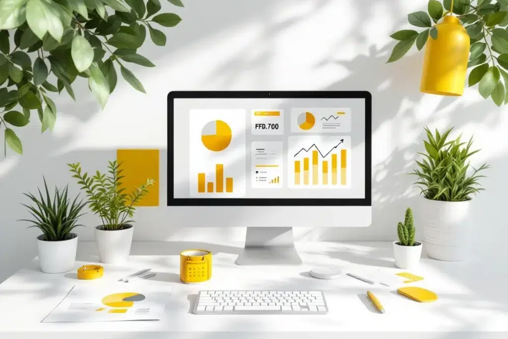 Minimalistisch bureau met computer die boekingsanalytics toont, omringd door gele grafieken en plantjes op witte achtergrond