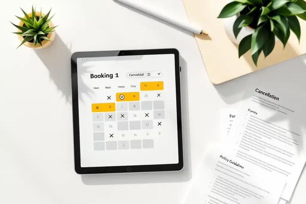 Tablet met boekingskalender en doorgestreepte datums op wit bureau, omringd door annuleringsformulieren en plantje