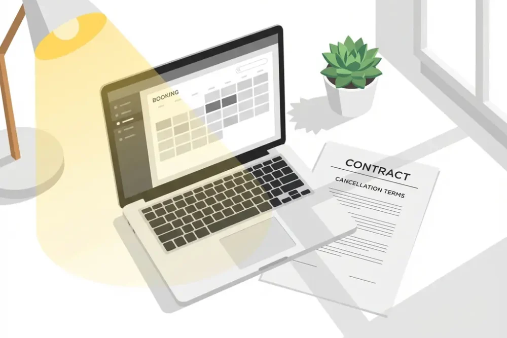 Laptop met boekingskalender op modern bureau naast contract met annuleringsvoorwaarden en succulent plantje