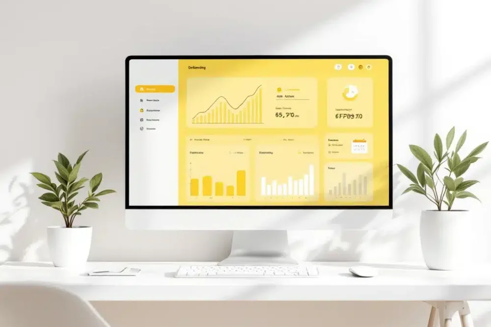 Dashboard met opwaartse grafieken voor boekingsoptimalisatie, gele accenten, hotel- en kalendericons op wit bureau
